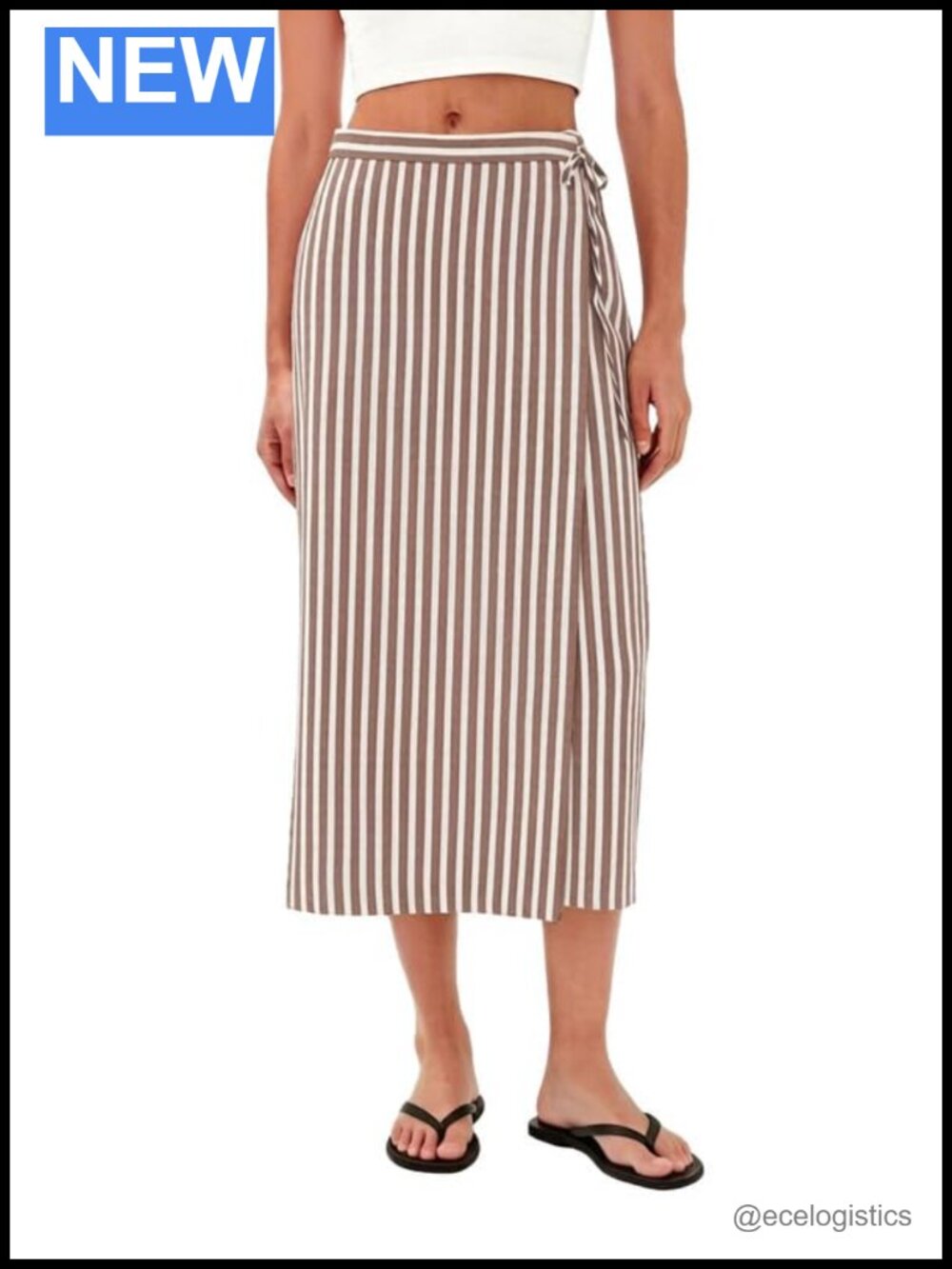 CHARTOU Striped Wrap Midi Skirt Cotton Linen High Waist Tie Waist Split Long